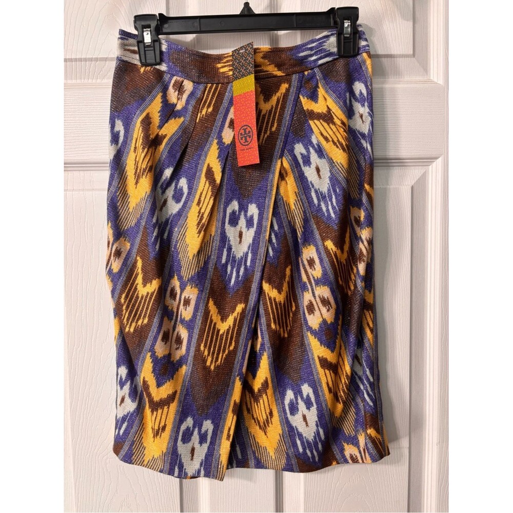 NWT Tory Burch Jemima Tribal Metallic Ikat Pleated Linen Tulip Skirt Size 2 $295